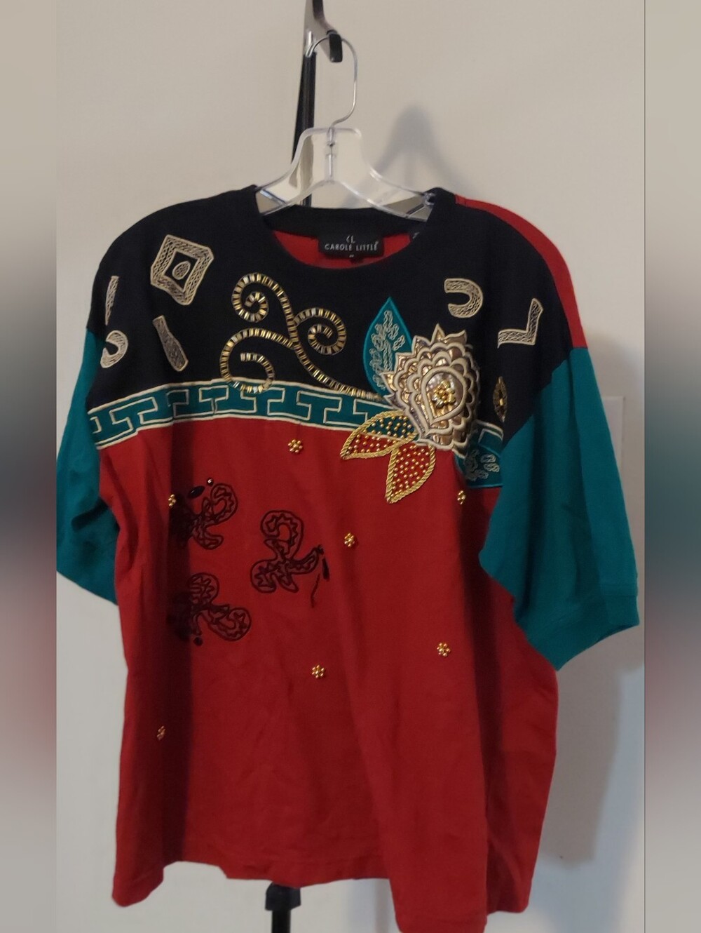 Carole Little Red, Teal & Black Embellished Short Sleeve Tee